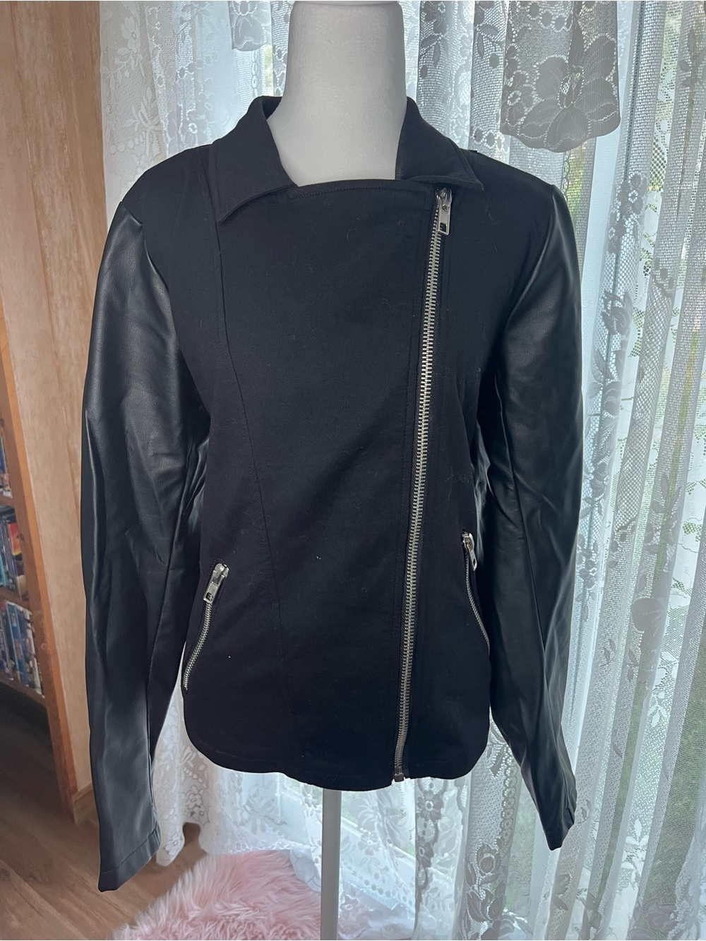 Forever 21 Black Faux Leather Sleeve Asymmetrical Zip Jacket Plus Size 1X